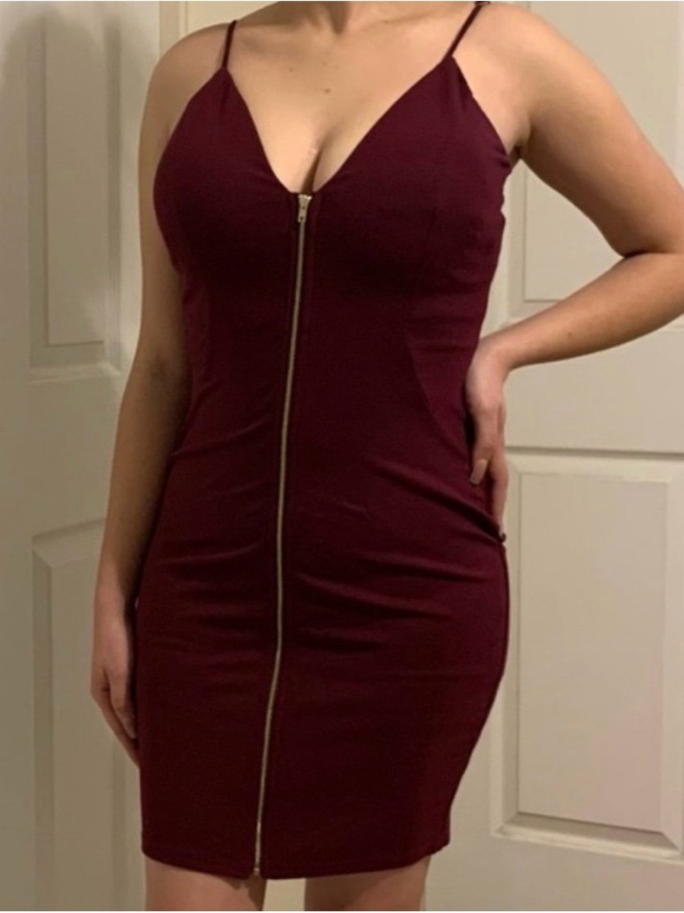 Haute Monde Burgundy Bodycon Mini Dress with Zipper, Spaghetti Straps